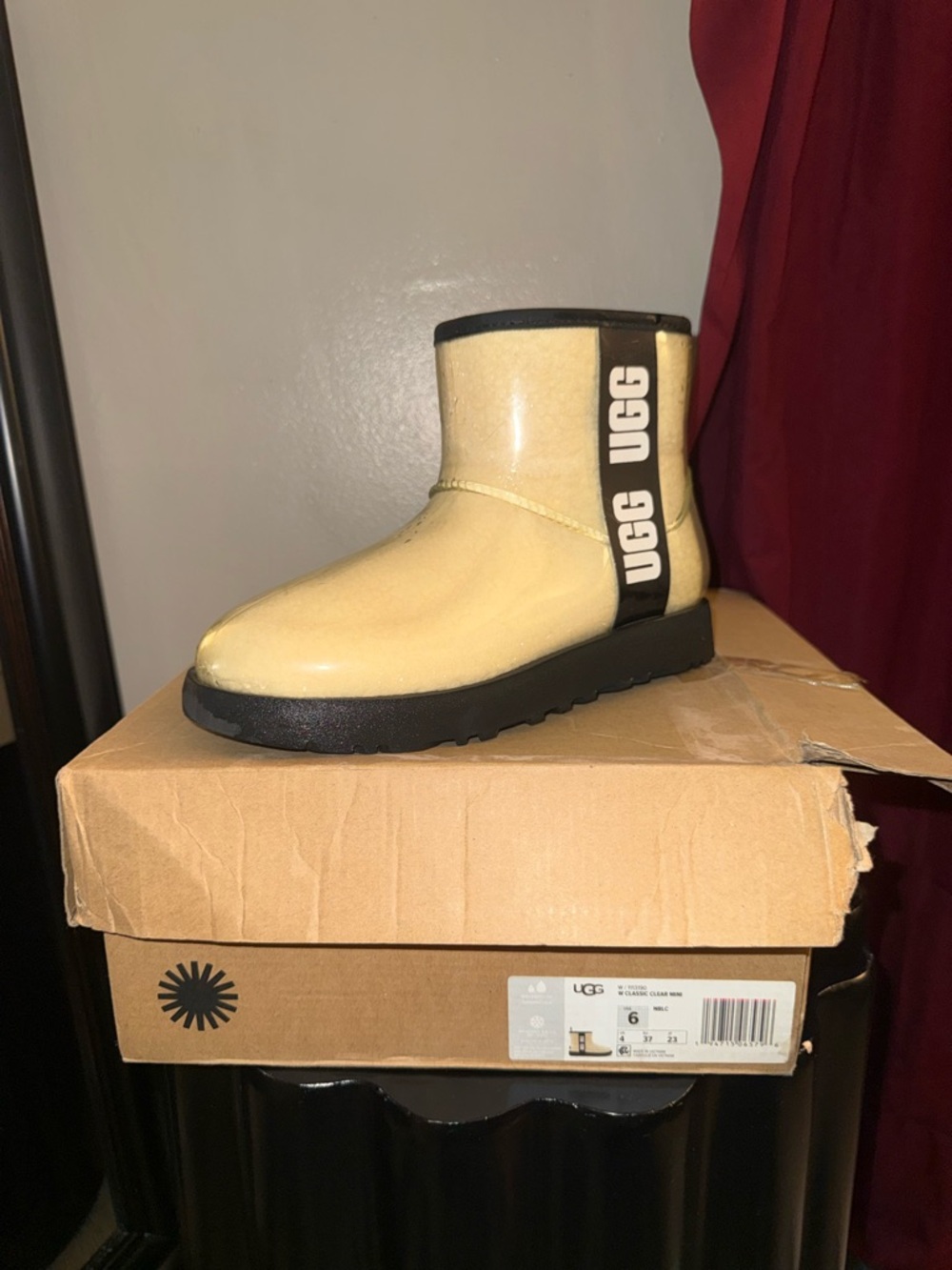 UGG Short Glossy Rain Boot in Pale Yellow with Black Trim